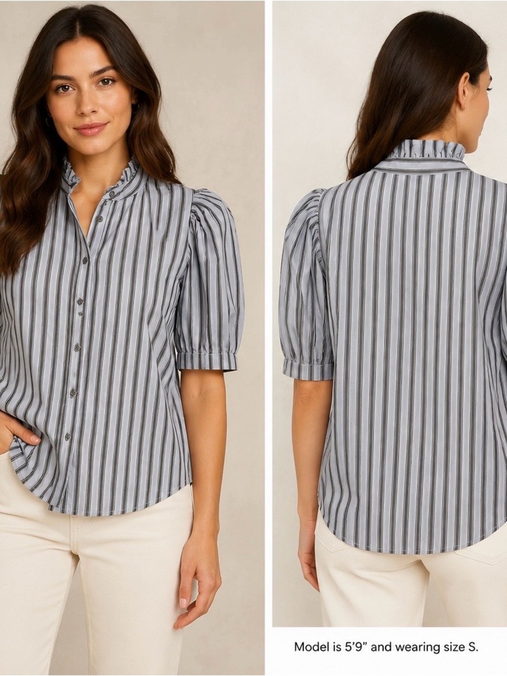 Karlie Gray Striped Ruffle-Neck Button Down Top